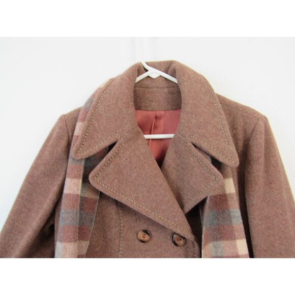 Vintage Union Made Wool Pea Coat Brown Knee Length Plaid Scarf 80's VTG - Picture 6 of 12